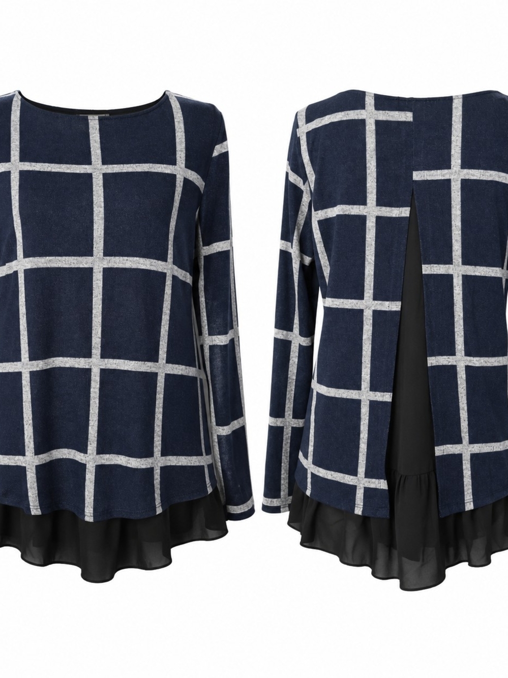 #1199 Les Amis Navy Windowpane Plaid Long Sleeve Blouse Sheer Chiffon
